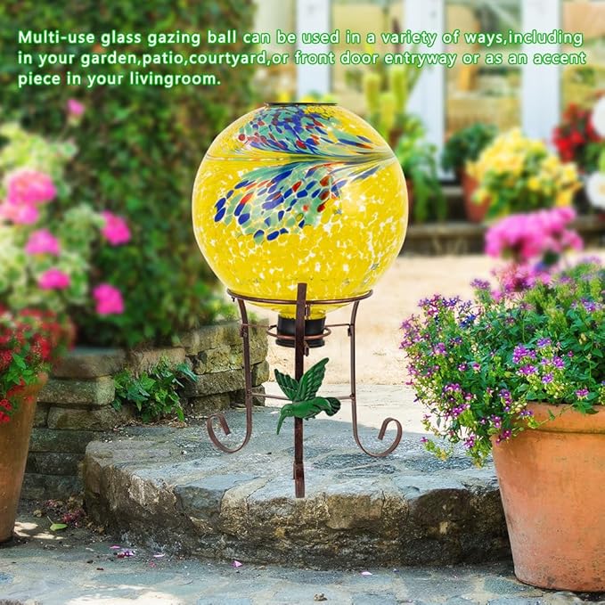 10" Diameter Solar Gazing Ball and 8.5" Metal Stand Indoor Outdoor Glass Globe Sphere Yard Art Ornament Solar Gazing Balls for Garden,Lawn,Porch,Patio Gardening Gift for Women(Yellow)-Ruum Studio Home