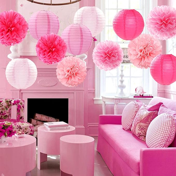 Light-Hot Pink Party-Decorations Paper-Flowers Lanterns - 15pcs Graduation Girl Birthday Decor Tissue Pom Poms Streamers, Bridal Baby Shower Wedding Bachelorette Valentine Hanging Supplies Hugfond-Ruum Studio Home