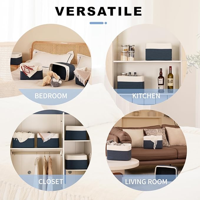 4 Pack Storage Baskets for Organizing, Woven Baskets for Shelves - Perfect for Toys, Books, Towels, and Clothes, Durable Gift Basket Bins Toy Storage, 12.7''L x9''W x7.8''H, Blue and White-Ruum Studio Home