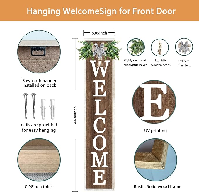 Surfapans Welcome Sign for Front porch Standing 45"X9"Large Wood Frame Outdoor Tall Welcome Signs Vertical Decor for Farmhouse Rustic Home Modern Outside Front Door Wall Decorations (White Wood)-Ruum Studio Home