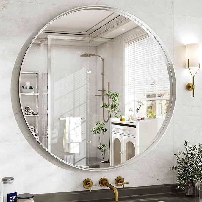 48 Inch Round Bathroom Mirror - Wall Mounted Circle Mirror with Metal Frame, Modern Mirror Suitable for Bathroom, Vanity, Entryway, Living Room, Wall Decor,Silver-Ruum Studio Home