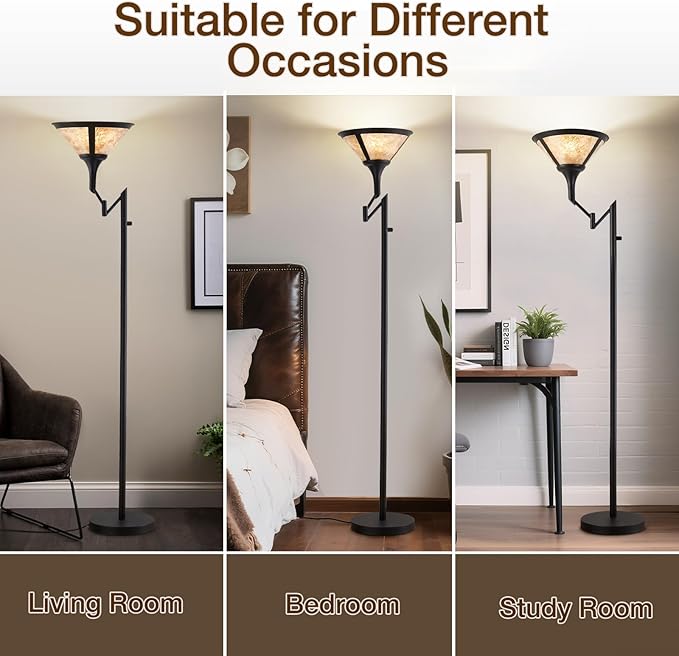 Floor Lamps for Living Room - 70" Black Torchiere Standing Floor Lamp with White Mica Shade - Tall Corner Lamp Decor for Bedroom with Adjustable Swing Arm LED Reading Light for Home Office-Ruum Studio Home
