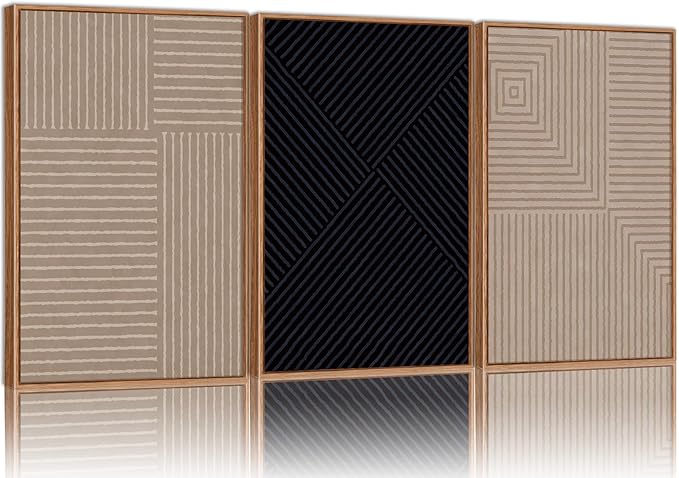 Tinonedraw Mid Century Modern Framed Canvas Wall Art Set of 3, Neutral Abstract Art Prints, Black and Brown Geometric Minimalist Wall Decor for Living Room Bedroom Office Dining Room 16"x24"x3-Ruum Studio Home