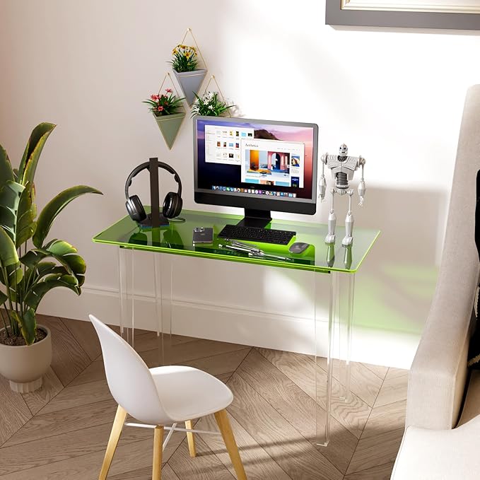 Acrylic Desk, Modern Study Table for HomeOffice-Extended Surface Multi-Purpose Console & EntrywayTable, Sturdy Lightweight Design (42.5-inch, Green)-Ruum Studio Home