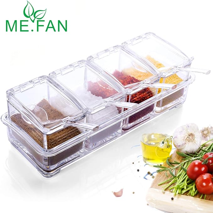 ME.FAN Clear Seasoning Rack Spice Pots - 4 Piece Acrylic Seasoning Box - Storage Container Condiment Jars - Cruet with Cover and Spoon-Ruum Studio Home
