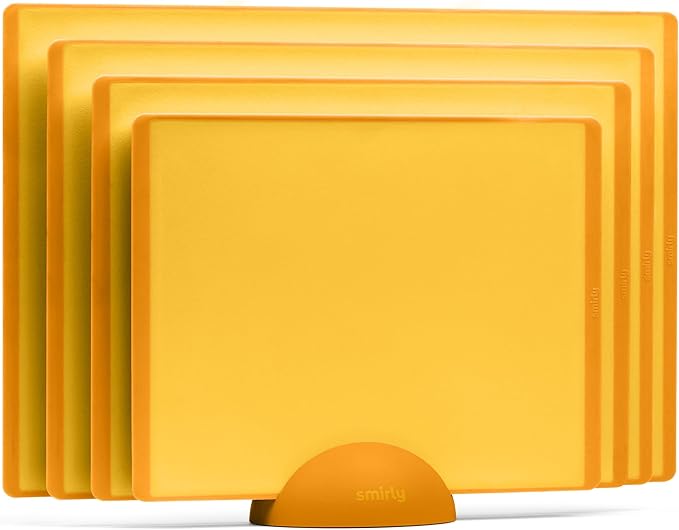 SMIRLY Plastic Cutting Board Set with Holder 4 Pieces, Non-Slip Dishwasher Safe Chopping Boards for Kitchen, Yellow-Ruum Studio Home