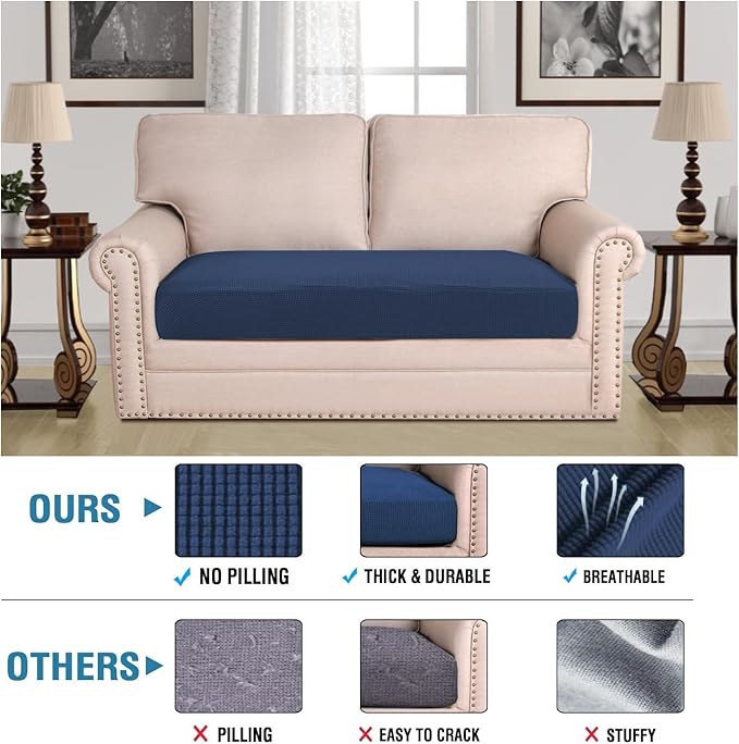 H.VERSAILTEX Super Stretch Individual Seat Cushion Covers Sofa Covers Couch Cushion Covers Slipcover Sets Thick Jacquard Textured Twill Fabric (1 Piece Loveseat Cushion Cover, Navy)-Ruum Studio Home