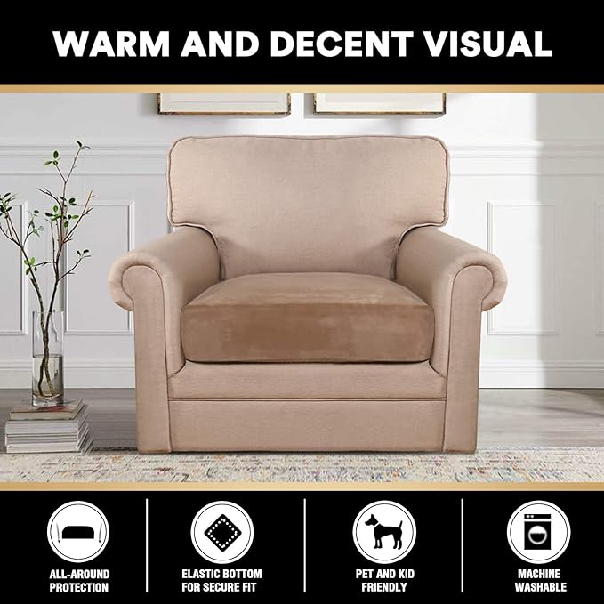 PrinceDeco Stretch Velvet Couch Cushion Cover,Soft Cushion Slipcover for Chair Cushion Furniture Protector Seat Cushion Sofa Cover Width Up to 29.5", Camel-Ruum Studio Home