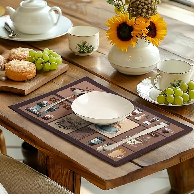 Coffee Theme Placemats Set of 4 Farmhouse Style Brown Linen Fabric Table Mat 12x18 Inch Washable Heat Resistant Non-Slip Place Mats for Home Party Kitchen Dining Decor-Ruum Studio Home