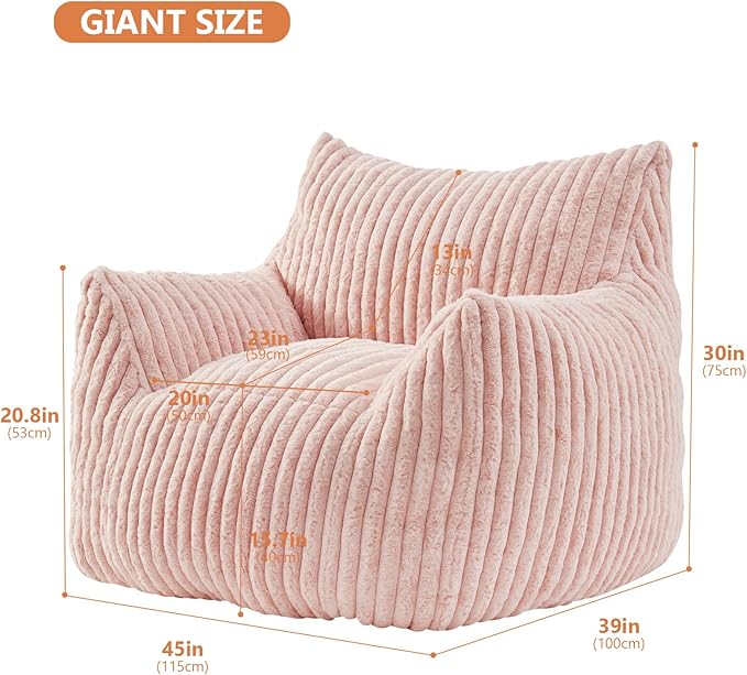 Giant Bean Bag Chairs for Adults with Filling Plush Fluffy Bean Bag Chairs for Teens with Armrests Comfy BeanBag Lazy Couch Sofa Chair for Bedroom Living Room Reading-Ruum Studio Home