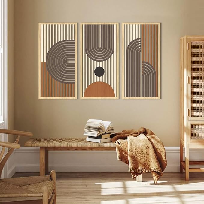 IARTTOP Mid century Modern Decor 16x32 Inch Large Boho Wood Wall Art Abstract Wooden Wall Decor Minimalist Bohemian Orange Artwork for Living Room Bedroom Office Set of 3-Ruum Studio Home