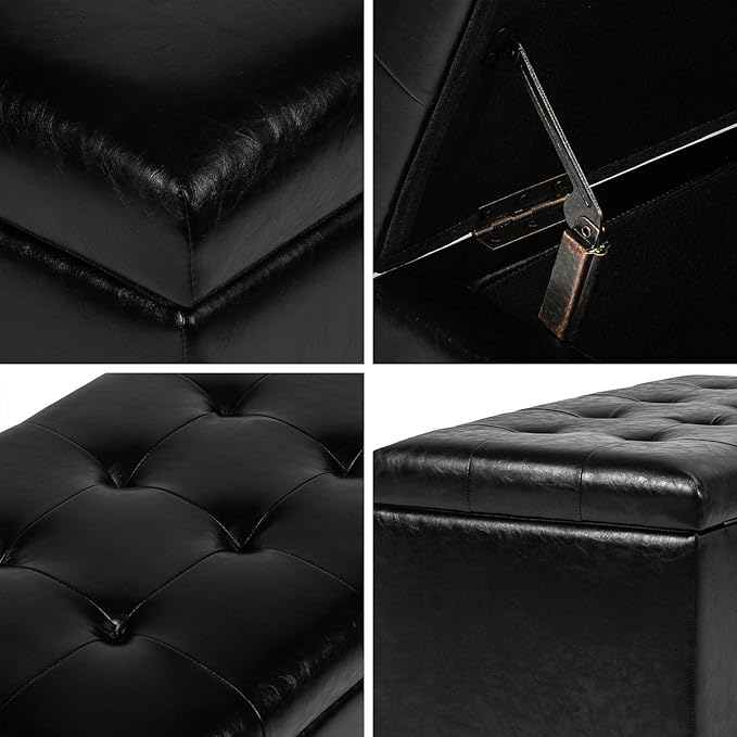 Asense Storage Ottoman Bench, Faux Leather Upholstered End of Bed Bench with Safety Hinge Wooden Legs, for Entryway Bedroom (Black, 33.3")-Ruum Studio Home