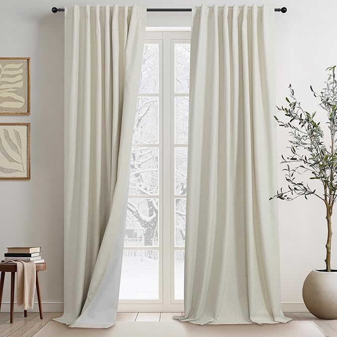 Country Farmhouse Style 94 Inch Curtains for Living Room Drape Back Tab Beige Linen Blackout Earthy Curtain Noise Reduction Light Blocking Cooling Window Treatment 2 Panel Burg Sunroom Bedroom 94 Long-Ruum Studio Home