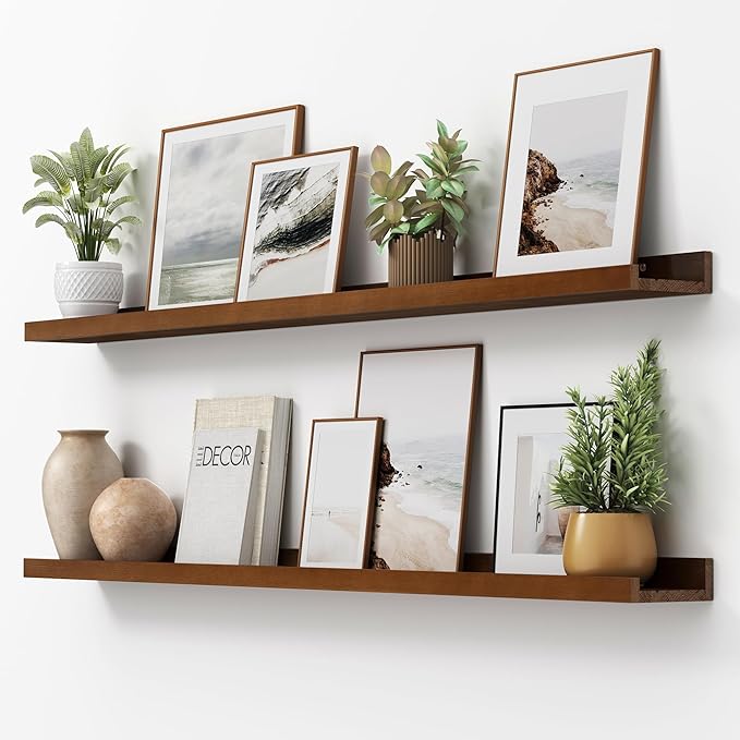 Picture Ledge Shelf, Floating Shelves Set of 2, Solid Pine Wood 55'' Long Large Nursery Book Shelves for Toys Storage, Kids Bookshelf for Living Room Bedroom Decor Books Photo Frames, Walnut-Ruum Studio Home