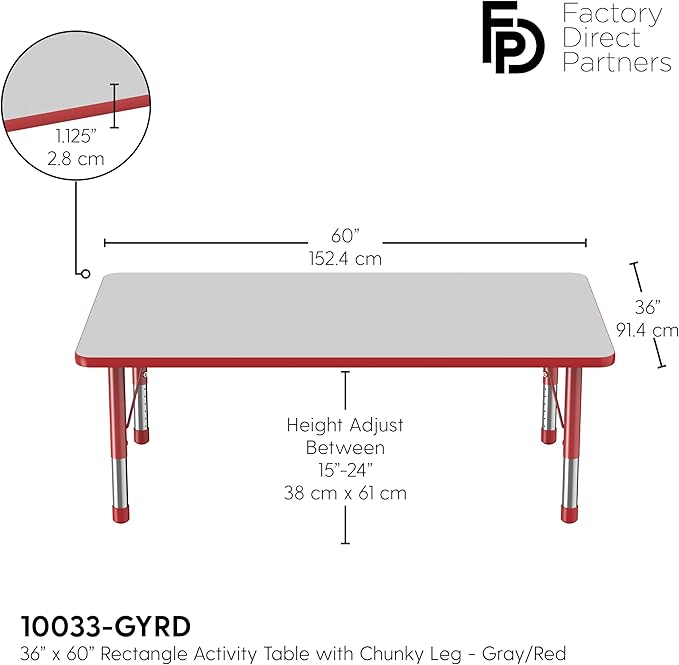 Factory Direct Partners FDP Rectangle Activity School and Classroom Kids Table (36 x 60 inch), Toddler Leg, Adjustable Height 15-24 inches - Gray Top and Red Edge-Ruum Studio Home