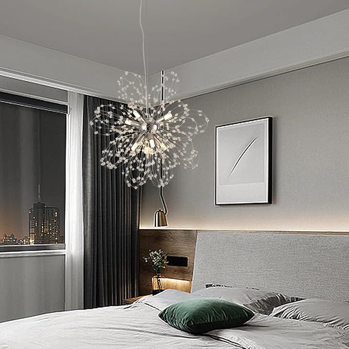 Modern Small Chandeliers, Sputnik Sunflower Crystal Beaded Hanging Lamps, Round Chrome Dandelion Pendant Light for Kitchen Island Bathroom Bedroom Entryway (Chrome 8Lights)-Ruum Studio Home