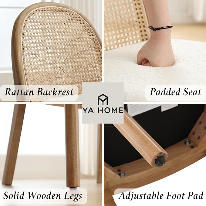 Mid Century Dining Chairs Set of 4, Accent Rattan Side Chairs Sherpa Fabric Kitchen Chair with Solid Wooden Legs for Living Room Dining Room, White-Ruum Studio Home