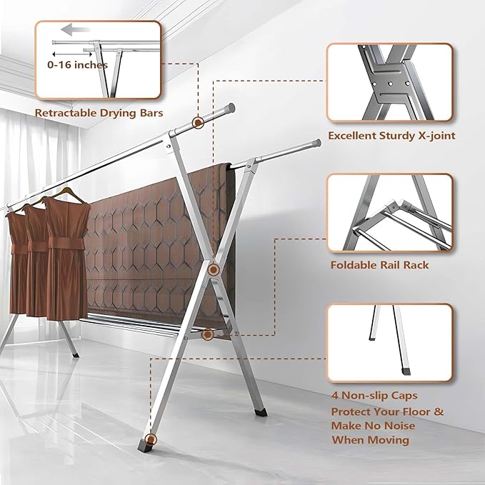 JAUREE Clothes Drying Rack 2 Tiers, Heavy Duty Drying Rack Clothing Folding Indoor Outdoor, Stainless Steel Laundry Drying Rack, Foldable Garment Rack with 20 Windproof Hooks (84 Inches)-Ruum Studio Home
