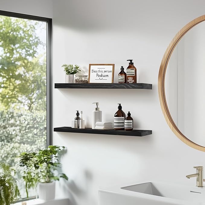 Floating Wall Shelves 2-Pack - Rustic Black 16-inch Wooden Wall Shelves for Storage and Décor, Multi-Functional and Easy to Install for Living Room, Bedroom, and Kitchen-Ruum Studio Home