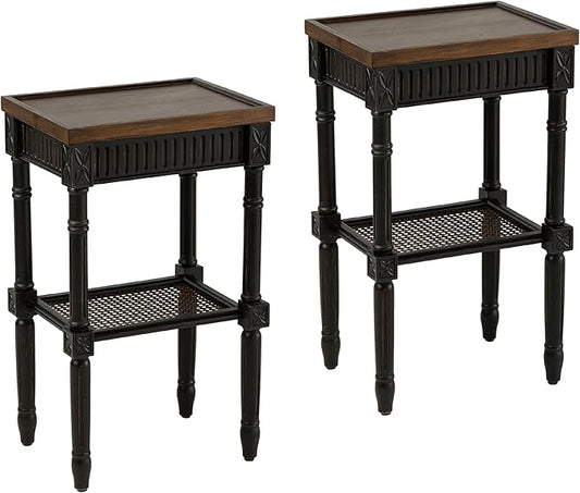 Rustic Farmhouse Cottagecore Accent End Table Set of 2, Distressed Accent Side Table with Espresso Tray Top and Woven Wicker Shelf, Boho, French Country Decor, Square, Weathered Brown & Black-Ruum Studio Home