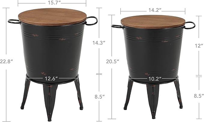 Rustic Storage Farmhouse Accent Side Table, Antique Galvanized Metal End Coffee Cocktail Table Box Bin with Round Wooden Lid Set of 2 (Black)-Ruum Studio Home