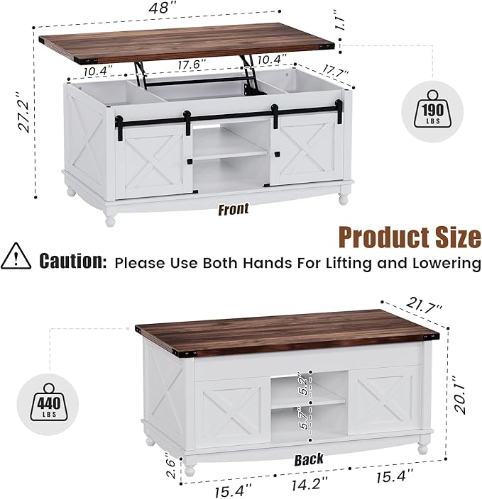 48" Farmhouse Lift Top Coffee Table with Storage Sliding Barn Door & Large Hidden Compartment, Coffee Table with Lifting Top with Wooden Lift Tabletop, Coffee Tables for Living Room, White-Ruum Studio Home