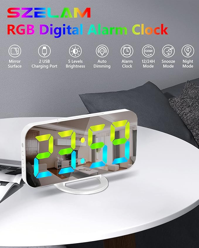 SZELAM Digital Alarm Clock,LED RGB Colorful Clocks,with Mirror Surface Large Display,2 USB Charger Ports,Auto Dimming,Modern Desk Clock for Bedroom Home Office Decor- White-Ruum Studio Home