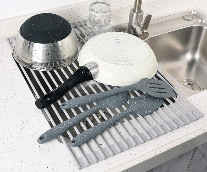 Surpahs Over Sink Foldable Multipurpose Roll-Up Dish Drying Rack, Silicone Wrapped Stainless Steel, Warm Gray, 20.5" x 13.1"-Ruum Studio Home
