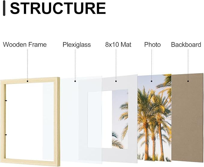 Vittanly 11x14 Picture Frames Set of 9, Shatter Resistant Plexiglass, Display 8x10 Pictures with Mat or 11x14 without Mat, Photo Frames for Wall or Tabletop, Engineered Wood, OAK-Ruum Studio Home