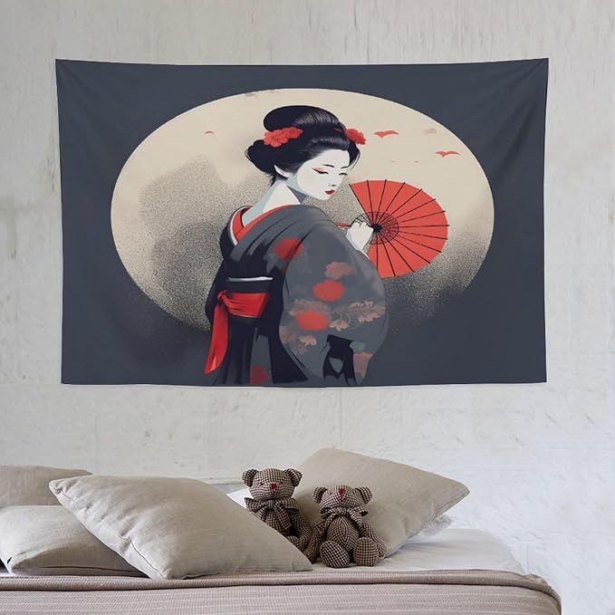 Japanese Woman Geisha Tapestry Asian Red Cherry Blossom Red Sun Traditional Kimono Folk Tapestries Home Decor for Living Room Bedroom Apartment Farmhouse Dorm 60"x40"-Ruum Studio Home