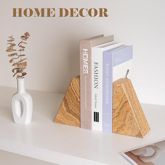 Marble Bookends for Heavy Books, Decorative Book Ends for Shelves, Unique Marble Stone Durable and Heavy Book Ends for Hardback Books & CDS, Book Stopper/Holder, Set of 2(Moca Jade)-Ruum Studio Home