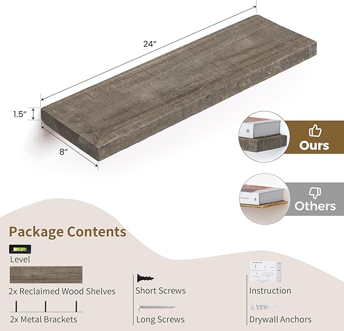 Floating Shelves, 8 Inch Deep Rustic Solid Reclaimed Wood Wall Shelves for Storage, Wall Mounted Display Shelving with Invisible Heavy-Duty Metal Bracket, 24 Inch Width Set of 2, Cement Grey-Ruum Studio Home