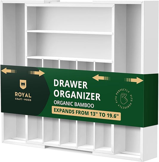 ROYAL CRAFT WOOD Luxury Bamboo Kitchen Drawer Organizer - Silverware Organizer - Utensil Holder and Cutlery Tray with Grooved Drawer Dividers for Flatware and Kitchen Utensils (9 Slot, White)-Ruum Studio Home