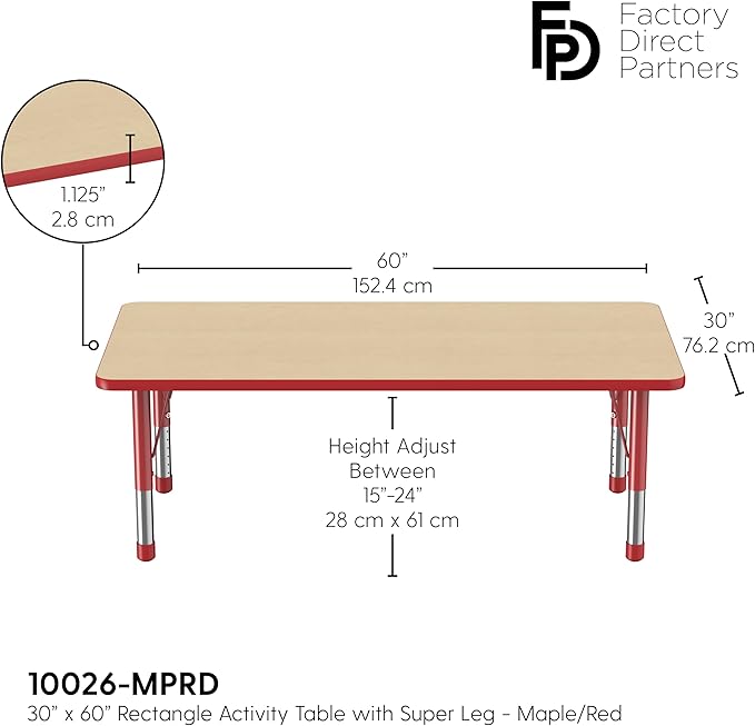 Factory Direct Partners FDP Rectangle Activity School and Classroom Kids Table (30 x 60 inch), Toddler Legs, Adjustable Height 15-24 inches - Maple Top and Red Edge-Ruum Studio Home