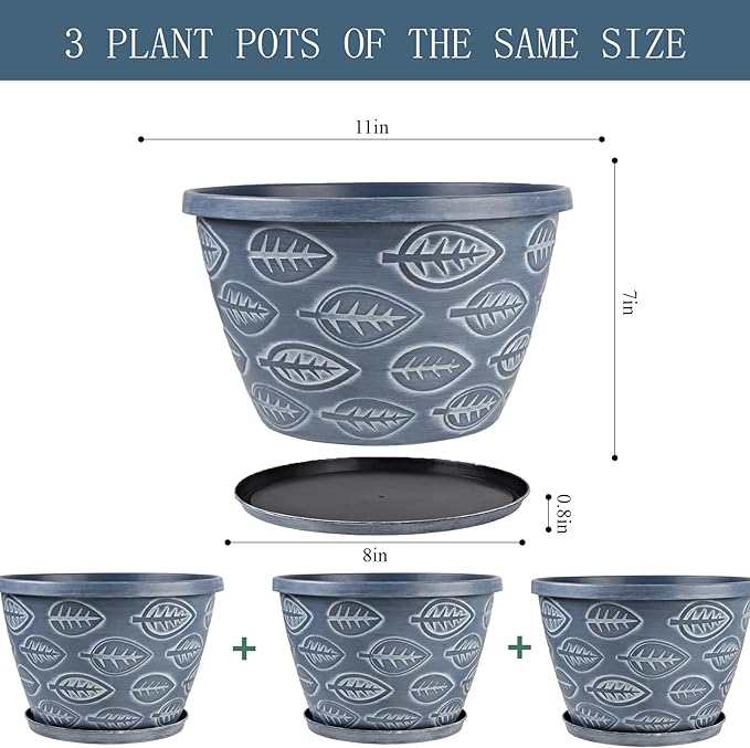 Outdoor Flower Pots for Plants Set of 3 Pack 11 Inch Planter Pot, Large Plastic Plant Pots Indoor Plants with Drainage Holes & Trays, Modern Decorative Garden Containers Sets for House(Blue)-Ruum Studio Home
