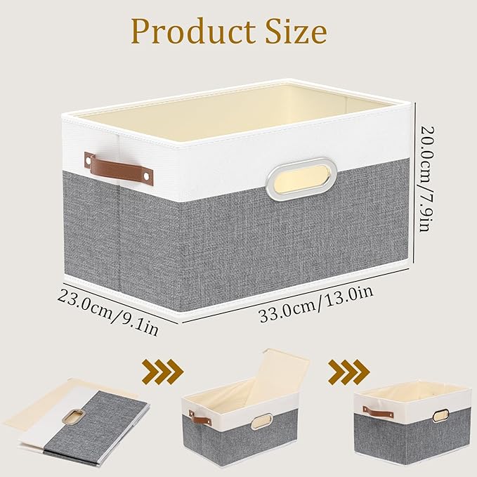 Yawinhe Fabric Storage Baskets, Foldable Closet Organizer for Shelves, Large Boxes with 3 Handles, Canvas Bins for Clothes, White/Grey, 12.99''Lx9.05''Wx7.87''H, 4-Pack-Ruum Studio Home