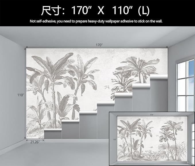 Gray Jungle Landscape Wallpaper Mural Tropical Banana Leaf Wall Mural (Not Peel and Stick)-Ruum Studio Home