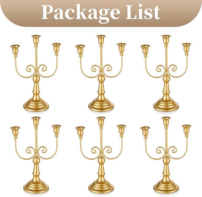 Sziqiqi Gold Taper Candle Holder for Centerpiece - 3-arm Candlesticks Holder for Wedding Table Centerpieces Metal Candle Stick Holders for Fireplace Mantle Set of 6-Ruum Studio Home