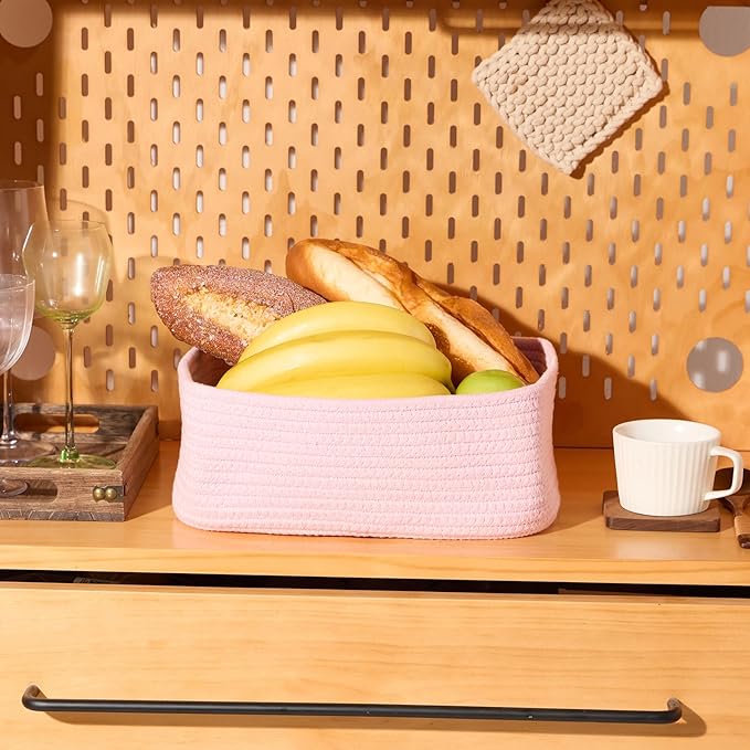 Small Storage Baskets for Organizing | Closet Organizer Bins | Shelf Toy Basket | Woven Rope Baskets | Cube Decorative Box | Shallow Basket | 11.5x7.5x4.7” | 3 Packs Pink-Ruum Studio Home