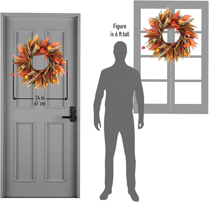 Fall Corn Husk & Berry Door Wreath for Front Door 24 Inch, Festive & Rustic Farmhouse Autumn Harvest Wreath, Fall Decor for Home Door Wall Porch Window, Orange/Yellow/Brown-Ruum Studio Home