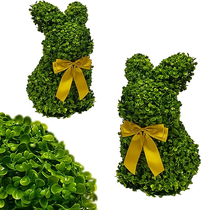 2 Pcs Artificial Bunny Shaped Topiary Trees, Artificial Green Boxwood Bunny Decorations with Gold Bow, Perfect for Indoor & Outdoor Front Porch, Easter& Garden Decor (Bunny Tree Without Base)-Ruum Studio Home