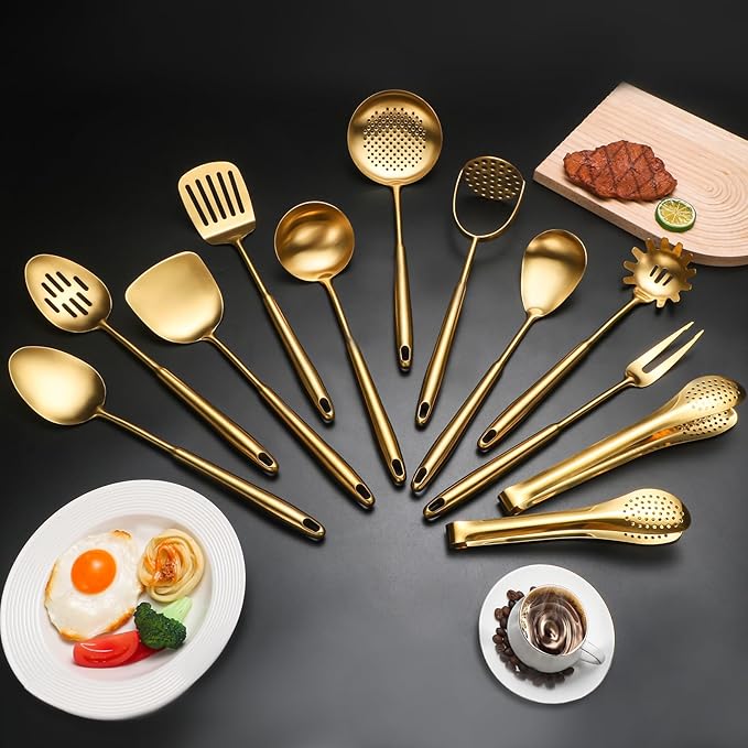 304 Stainlss Steel Matte Kitchen Utensils Set, 12 Pcs Long Metal Cooking Utensil Gadgets Tools Set with Spatula, Ladle, Spoon, Ladle, Skimmer, Tunner, Pasta Server, Tongs(Gold, Dishwasher Safe)-Ruum Studio Home