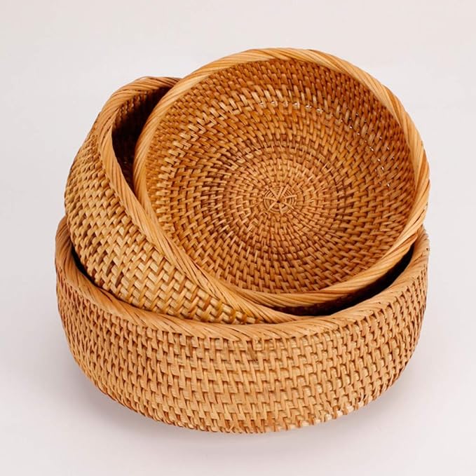 3 Pack Hadewoven Round Rattan Fruit Basket Wicker Food Tray Weaving Storage Holder Dinning Room Bowl, 10 Inch Small Wicker Basket Serving Tray Woven Basket for Bread,Snack,Brown(3-Size Kit)-Ruum Studio Home