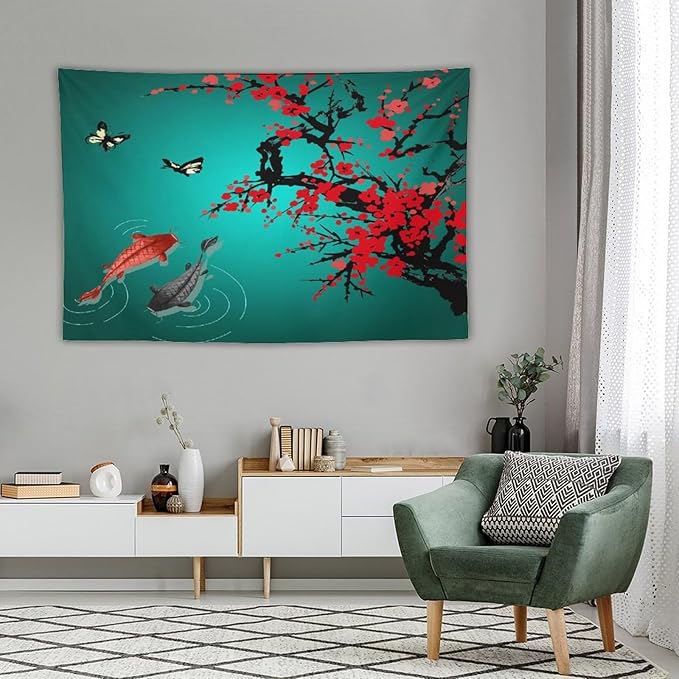 Houselerax Japanese Koi Fish Tapestry, Cherry Blossoms Asian Oriental Green Teal Floral Branch Koi Fish Carp Tapestries Wall Hanging for Bedroom Living Room Office Decor 90"x60"-Ruum Studio Home