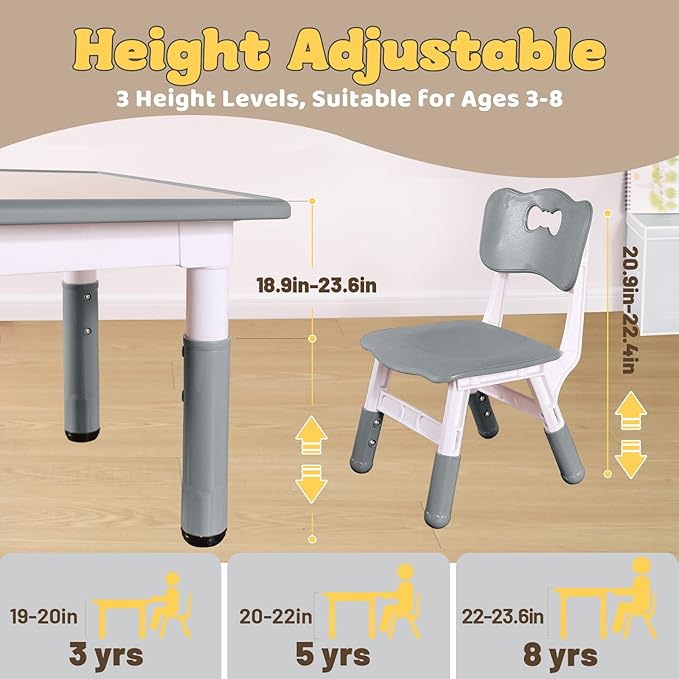 FUNLIO Kids Table and 4 Chairs Set, Height Adjustable Toddler Table and Chair Set for Ages 3-8, Easy to Wipe Arts & Crafts Table, for Classrooms/Daycares/Homes, CPC & CE Approved (5-Piece Set) - Gray-Ruum Studio Home