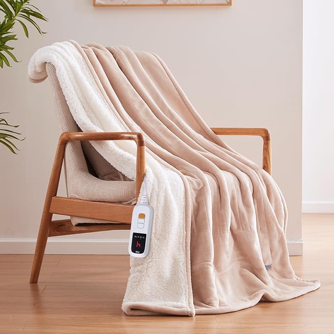 Sealy Electric Blanket Throw Size 50"*60",Super Cozy Flannel to Sherpa Reversible Heated Blanket Throw with 6 Heating Levels & 2-10 Hours Auto Off Overheating Protection Machine Washable,Beige-Ruum Studio Home