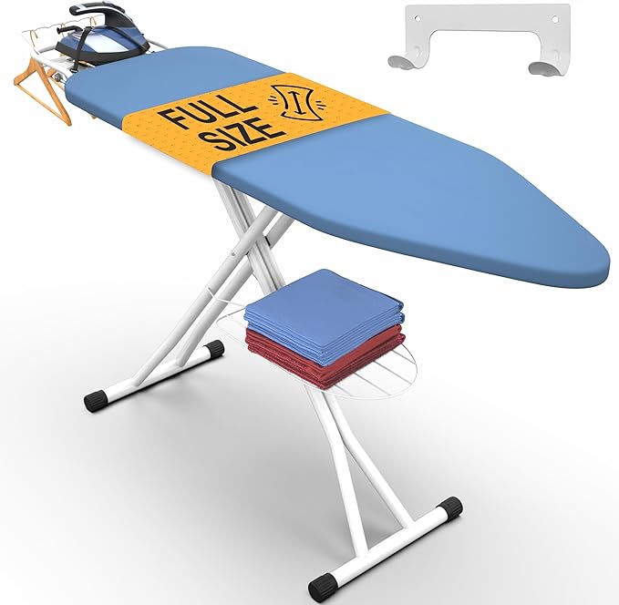 Xabitat Full Size Ironing Board 57" X 15" with Wall Mount Hanger, Full Metal Construction Iron Board, Built in Iron Caddy, Heat & Scorch Resistant Fabric, Cord Holder, Anti-Skid Feet, Heavy Duty-Ruum Studio Home