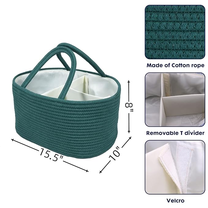 Large Baby Diaper Caddy Organizer for Girl Boy Rope Nursery Storage Bin Basket Portable Holder Tote Bag for Changing Table Car Travel Baby Shower Gifts basket dark green-Ruum Studio Home