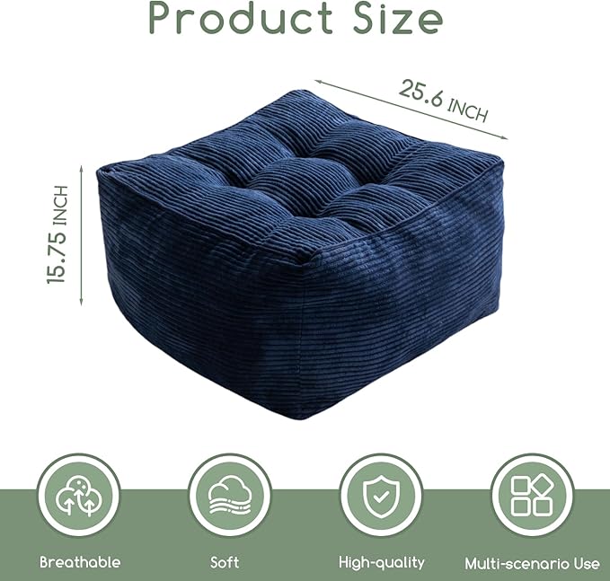 HIGOGOGO Square Stuffed Pouf Ottoman, Corduroy Poufs with Foam Chunk Filling, Furry and Fluffy Pouf Foot Stool Storage Ottoman, 25.6 X 25.6 Floor Poufs Foot Rest for Living Room, Navy-Ruum Studio Home