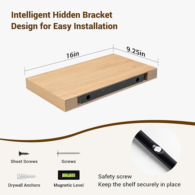 16 Inch Floating Shelves, 3D Textured Wood Grain, 16"x9.25"x1.5" Inch Deep Floating Shelves for Wall, Wooden Shelves for Bathroom, Bedroom, Living Room, Natural-Ruum Studio Home